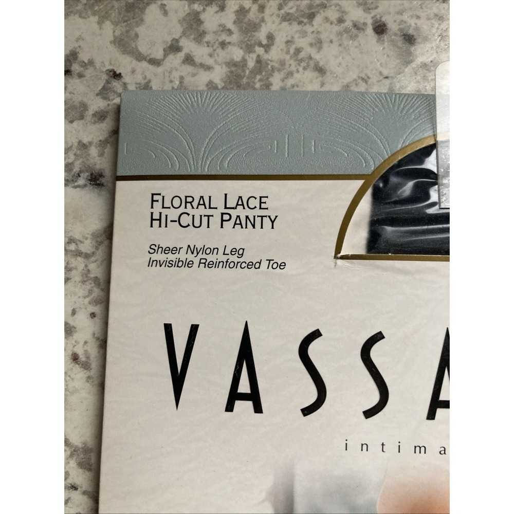 Vintage Vassarette  Hi Cut Pantyhose Hosiery Sticky Navy Long Floral Lace - Picture 2 of 4